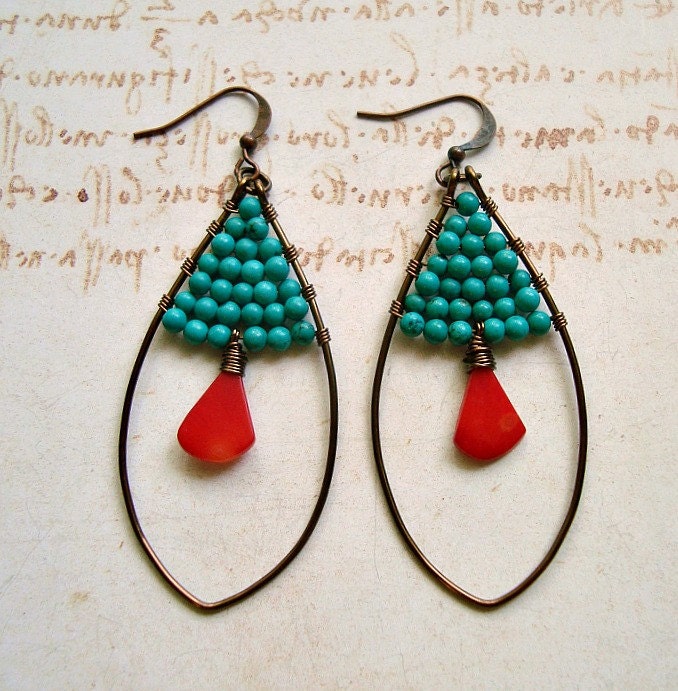 Turquoise Red Coral Earrings, Brass Coated Copper Oval Hoops