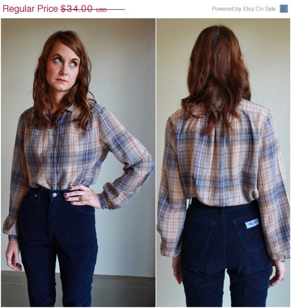 SUMMER SALE 30% OFF Vintage 70s Plaid Button Down Shirt  /  Gold And Blue Retro Hippie Plaid Blouse  /  Country Western Top  /  Small S Med