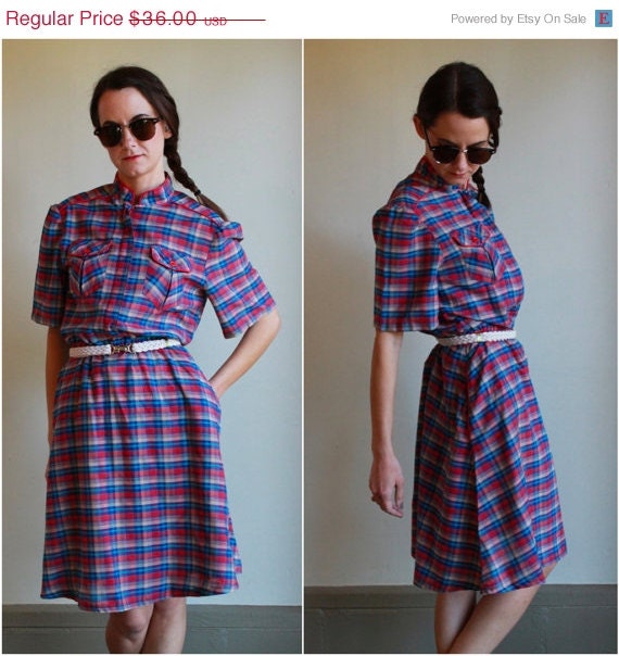 SUMMER SALE 30% OFF Vintage 70s Plaid Dress  /  Country Western  Cowgirl Mini Shirtwaist Dress  /  1970s Red Blue  /  Medium M Large L