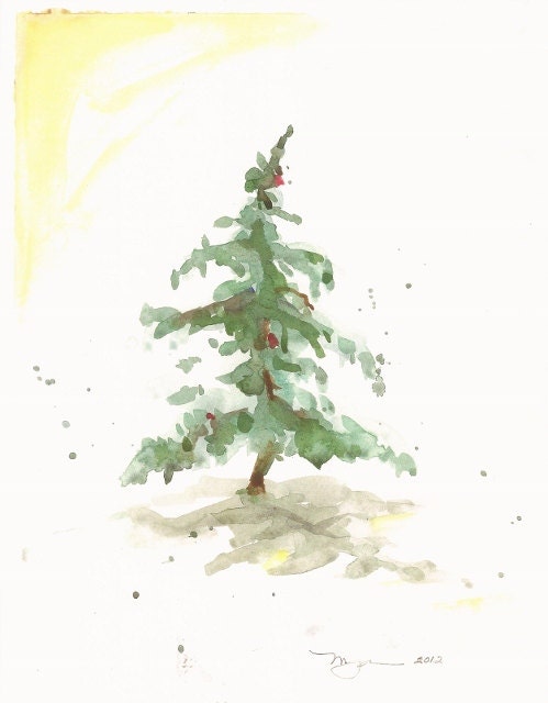 Fir in Snow III, holiday watercolor print, 8" x 10"