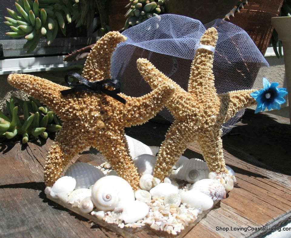 Coastal Wedding Decoration- Sugar Starfish Bride and Groom Alternative Cake Topper on clear base