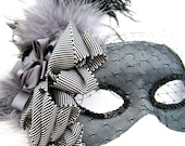 Black and Gray Masquerade Mask- with feathers and veil - PetalAndThorn