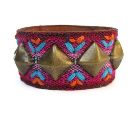SALE Leather Band Cuff woven detail and Pyramid Studs in Antique Brass