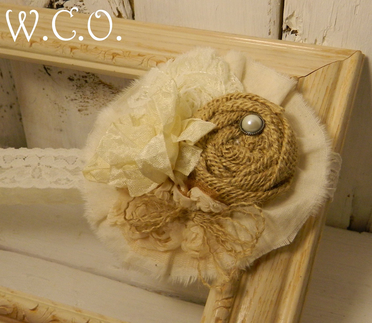 the AMY Burlap and Muslin Ruffle Rosette Headband with Shabby Lace Flower