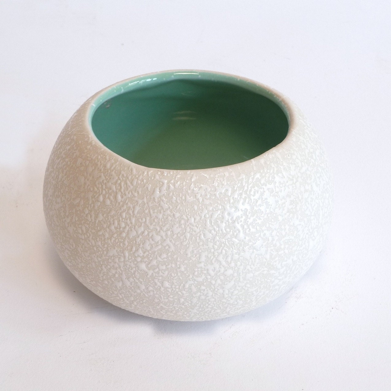 White Orange Peel Bowl, California Originals ... Ceramics, Pottery, Vessel, Small Pot, Planter, Green Interior