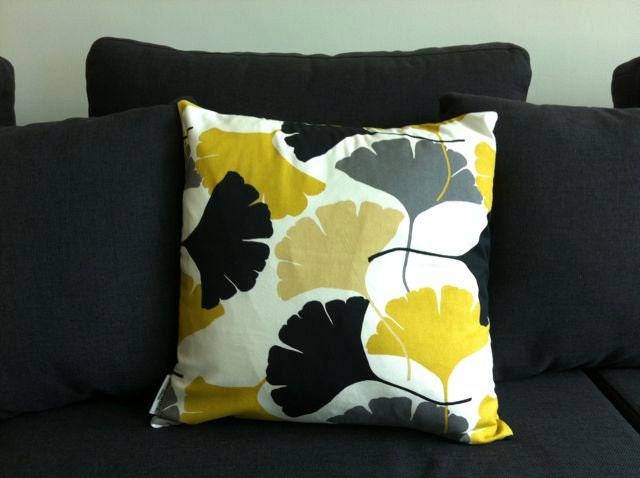 Ginkgo leaf motif retro mustard yellow, white, grey and black cushion Cover, contemporary designer fabric slip cover, throw pillow
