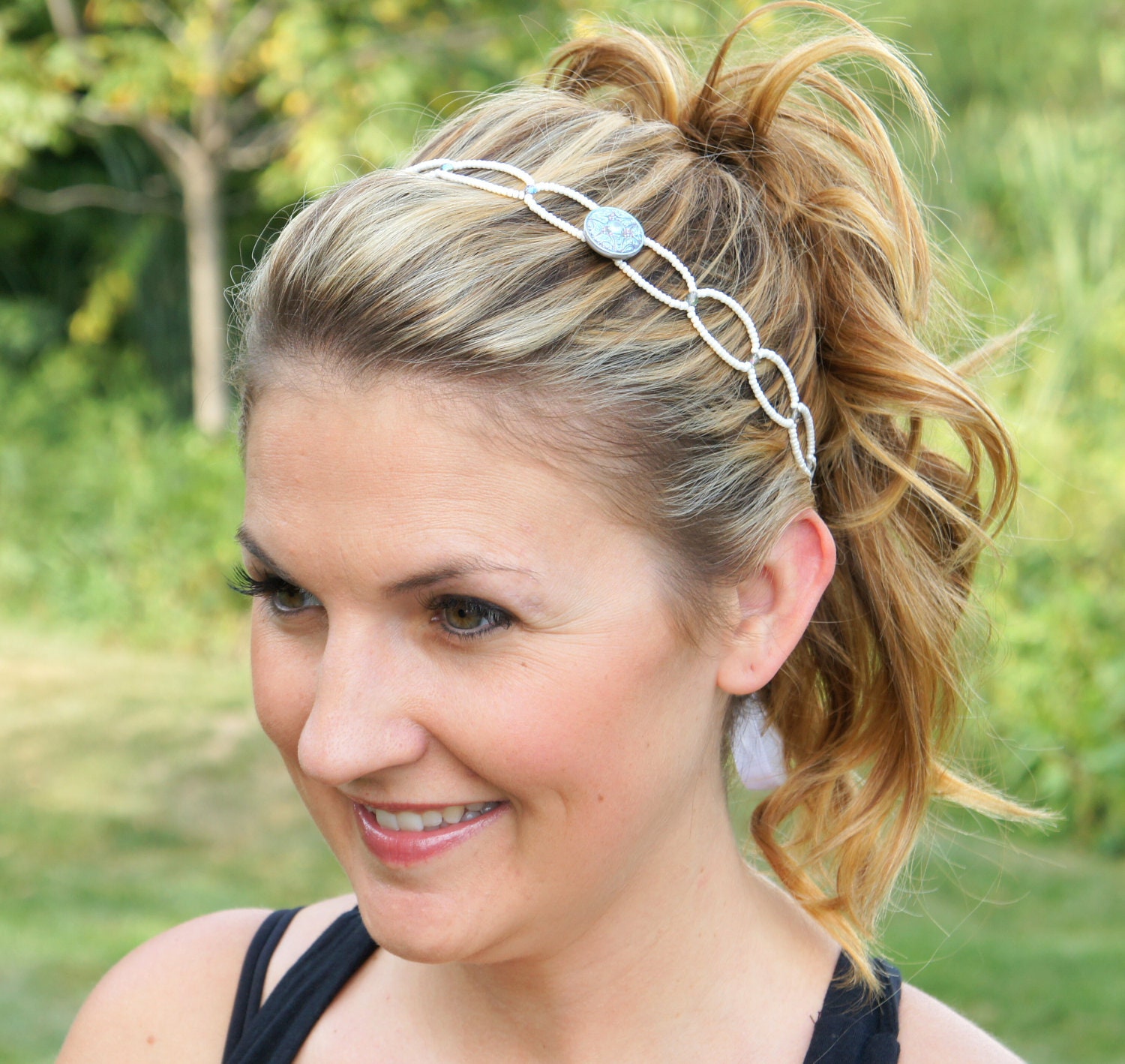 Snow White and Gray Vintage Button Headband with Czech Crystals - No headaches