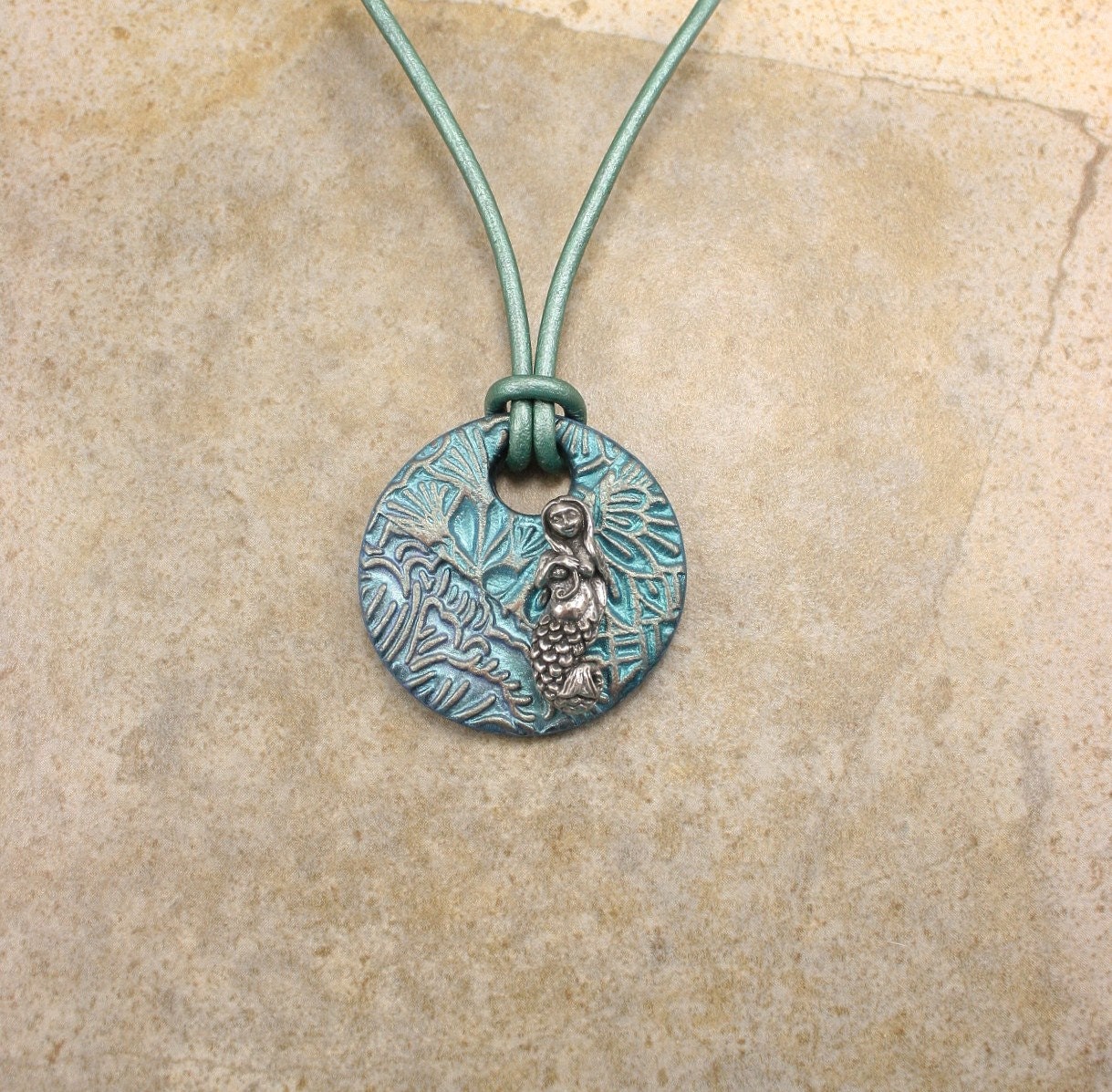 Mermaid Necklace Silver Sage Green Turquoise Leather Necklace