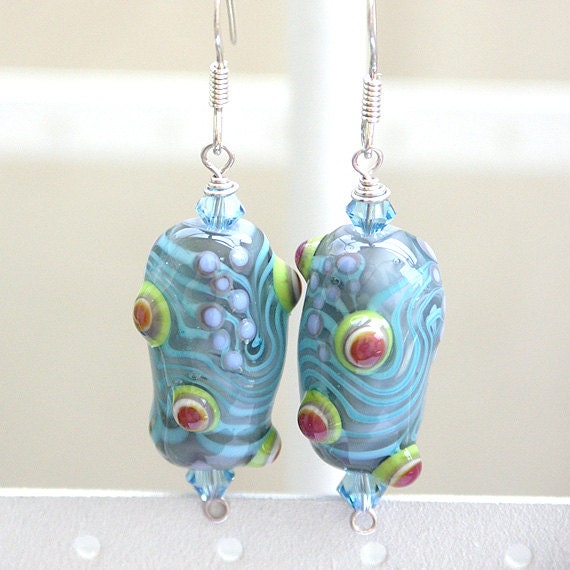 Glass Earrings in Grey, Turquoise, Lime and Magenta - Handmade Lampwork and Sterling Silver