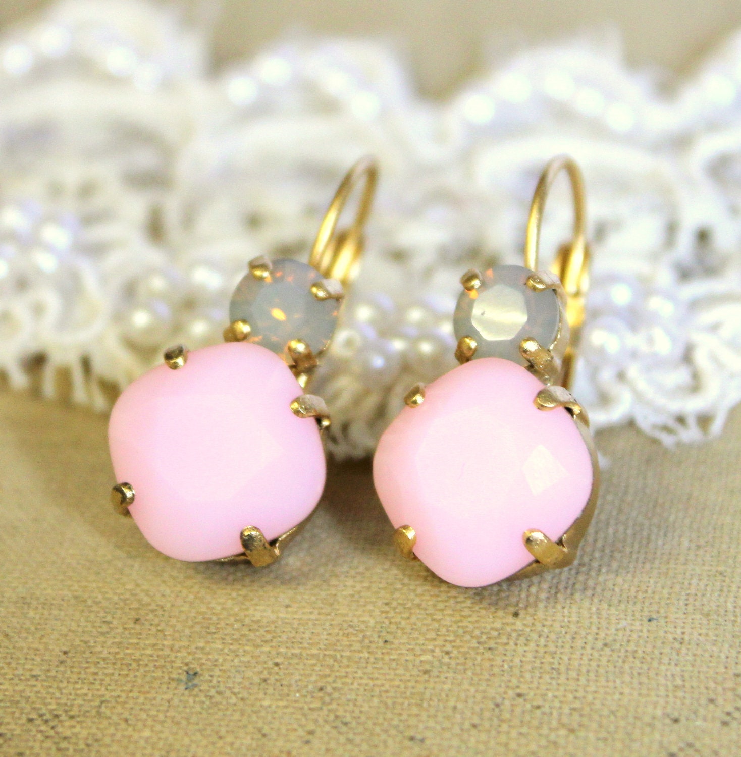 Pink blush and Gray earring - classic earrings 14k plated gold real swarovski rhinestones .