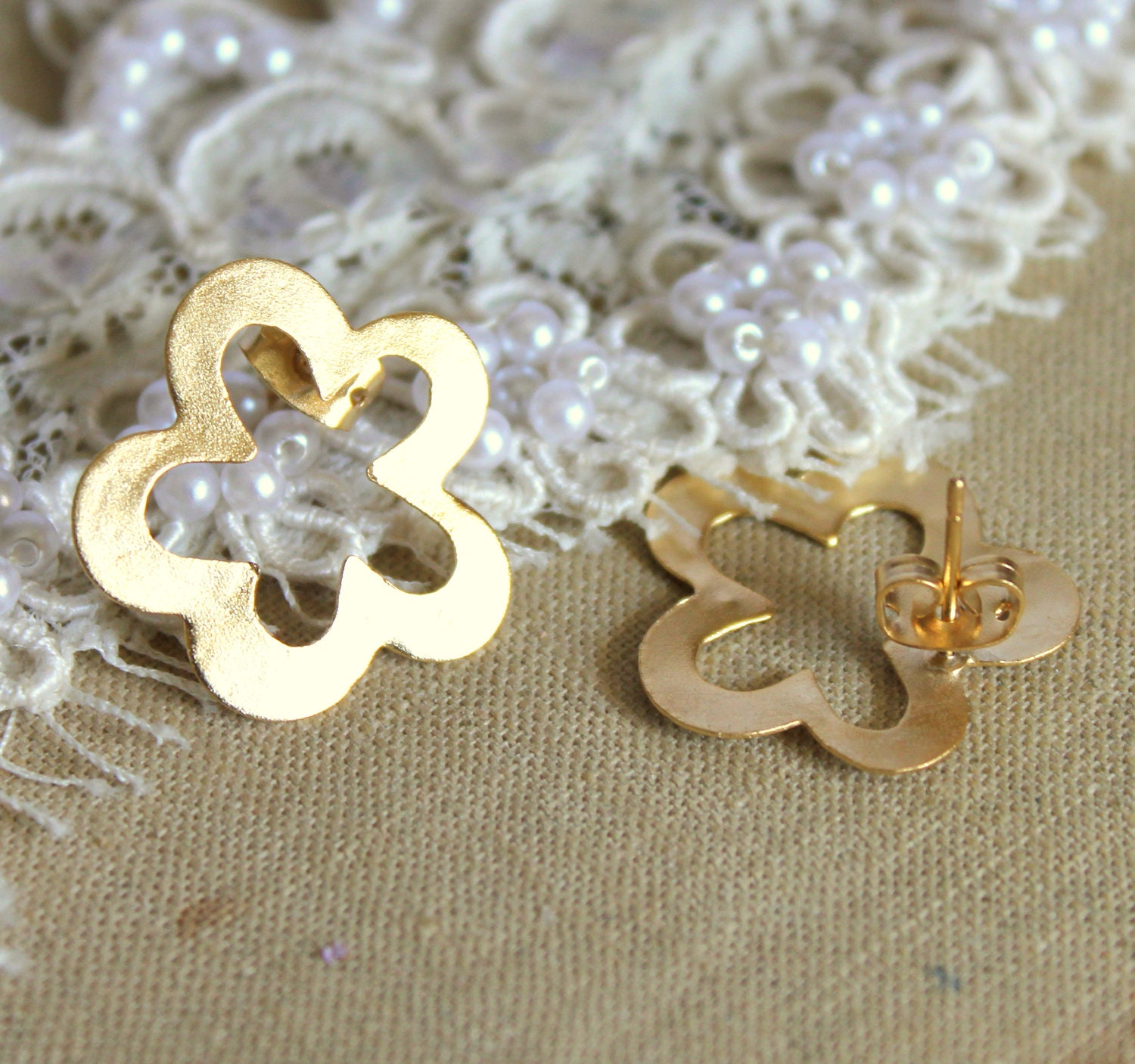 Gold stud flower earrings plated real gold - elegant 14k gold matte coated post earrings