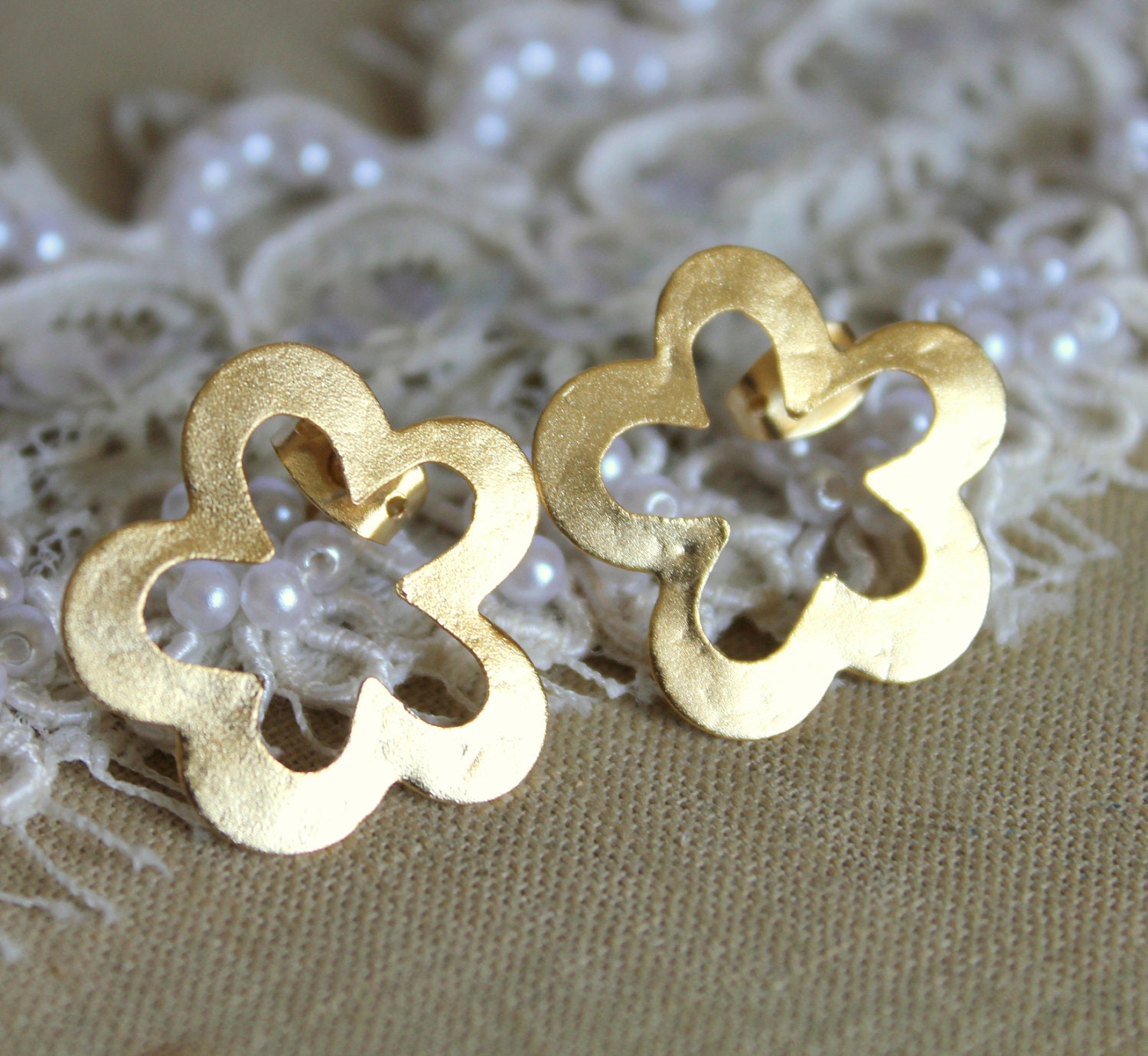 Gold stud flower earrings plated real gold - elegant 14k gold matte coated post earrings