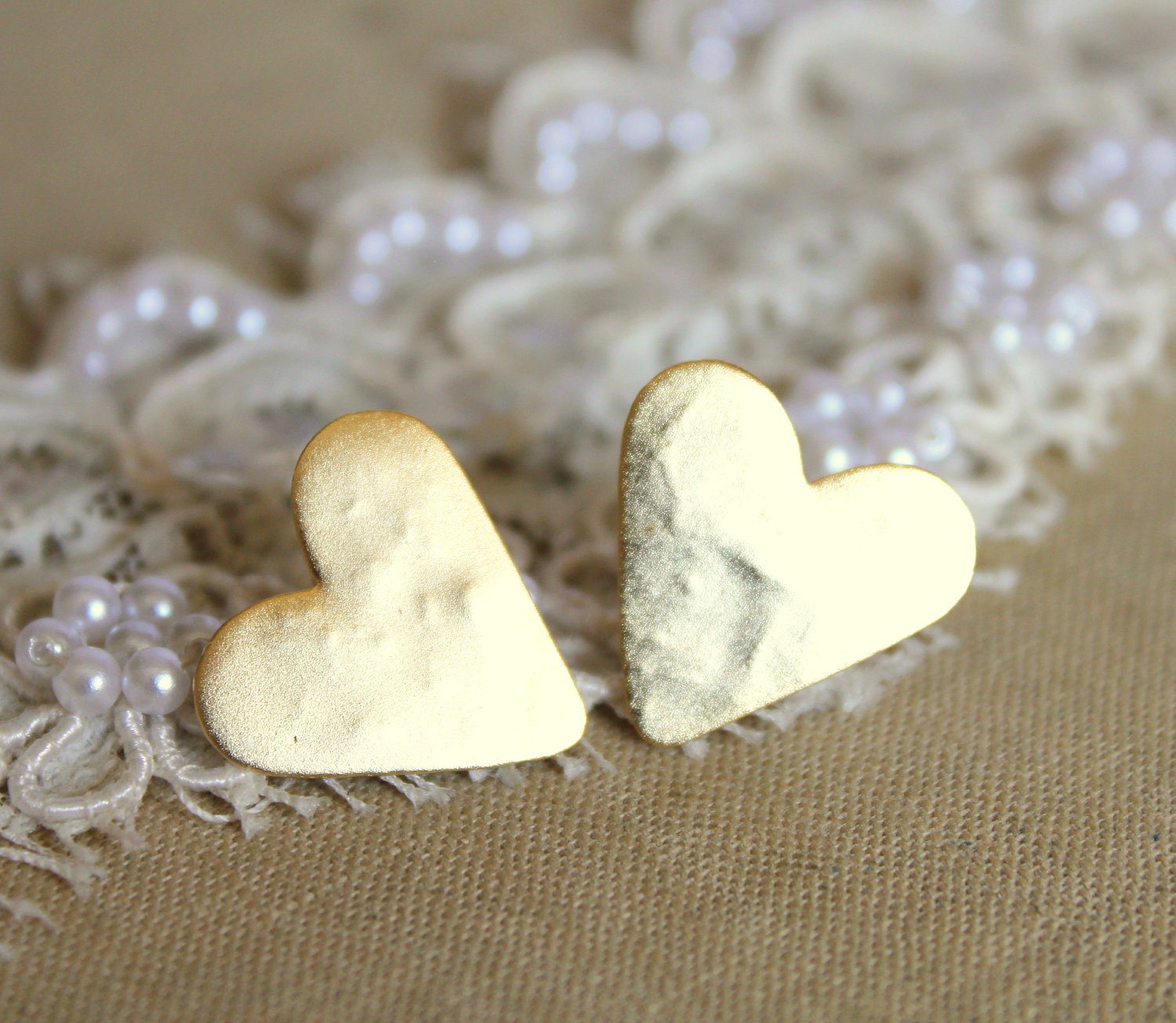 Gold stud heart earrings plated real gold - elegant 14k gold matte coated post earrings
