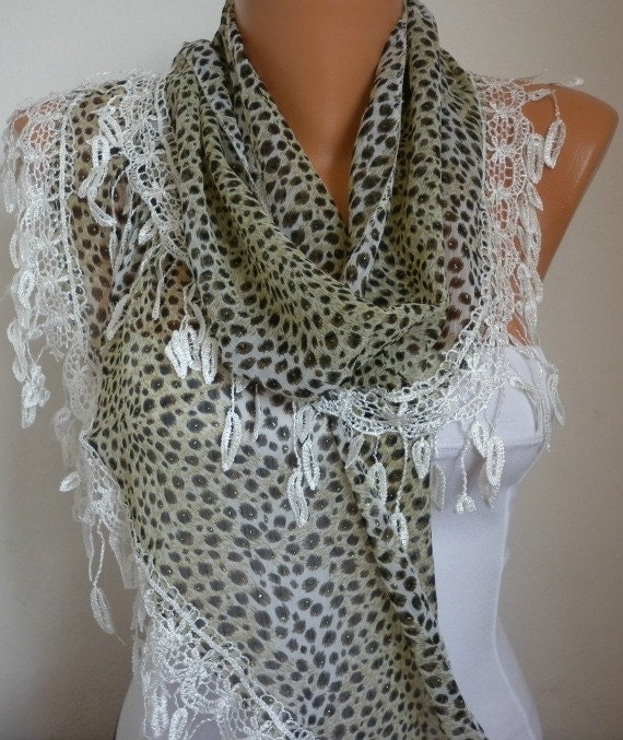 Lace Scarf - Leopard scarf shawl - - Silvery - Free scarf - Green - fatwoman