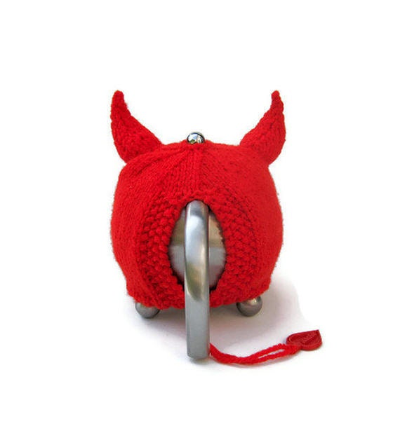 Knit tea cosy red devil horns Halloween novelty tea cozy unique unusual cozies Made to Order