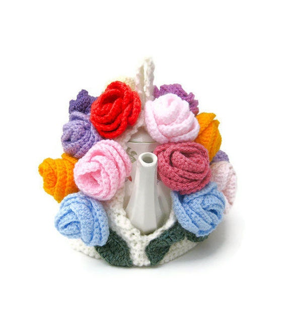 Crochet teapot cosy rose flowers cottage cozy tea warmer in bright colors