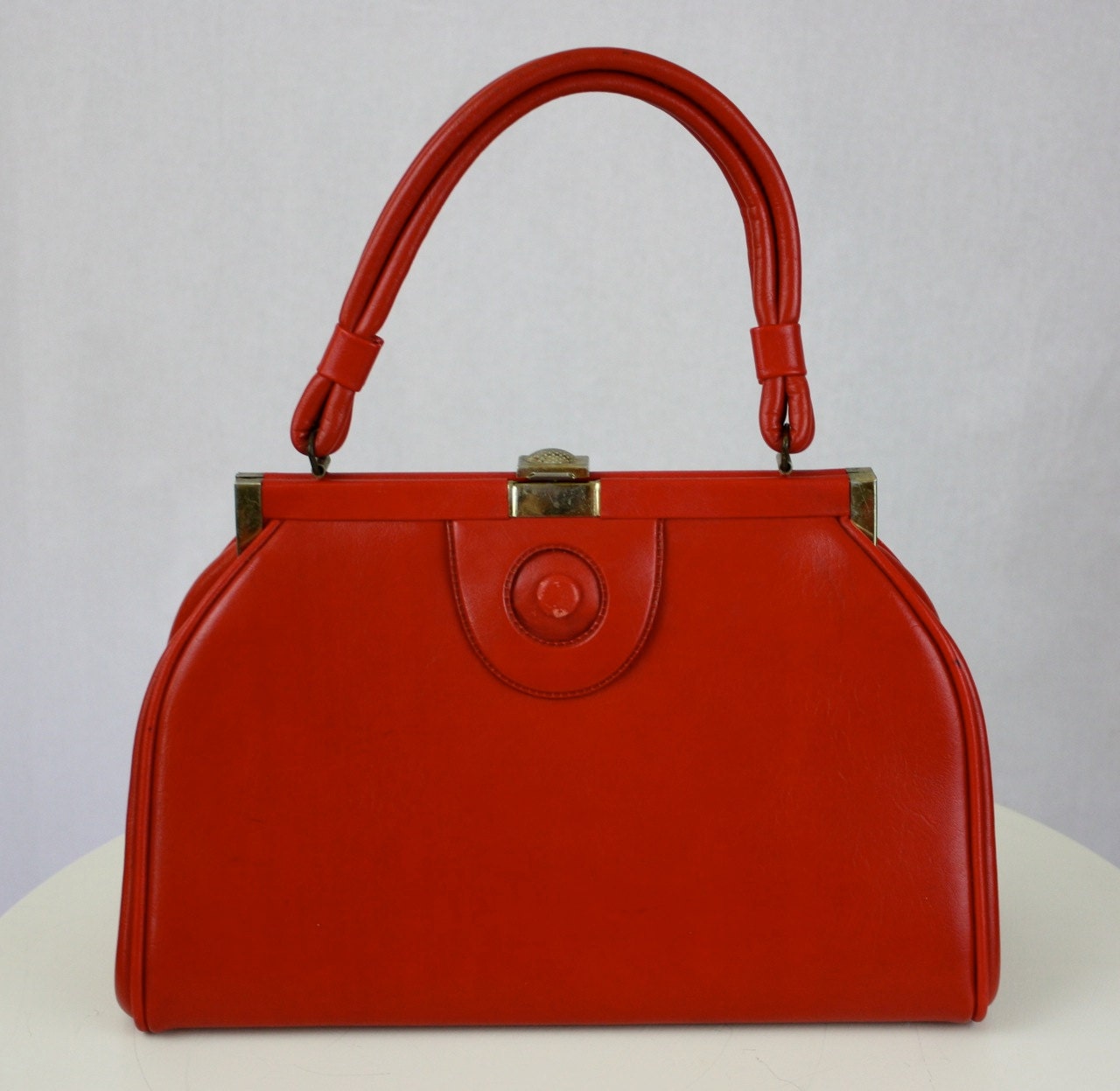 Vintage 1960s Red Purse Handbag Faux Leather w Brass Clasp - foreveracharm