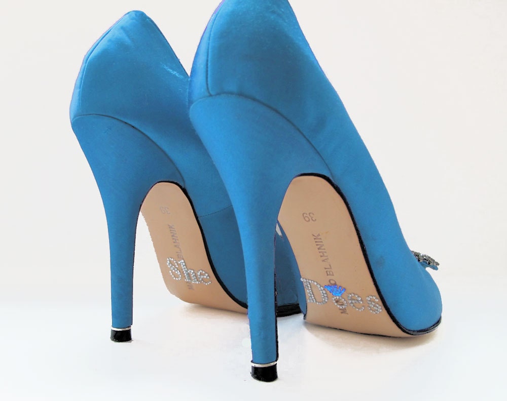 Wedding Party Shoe Stickers with She Does in silver and blue
