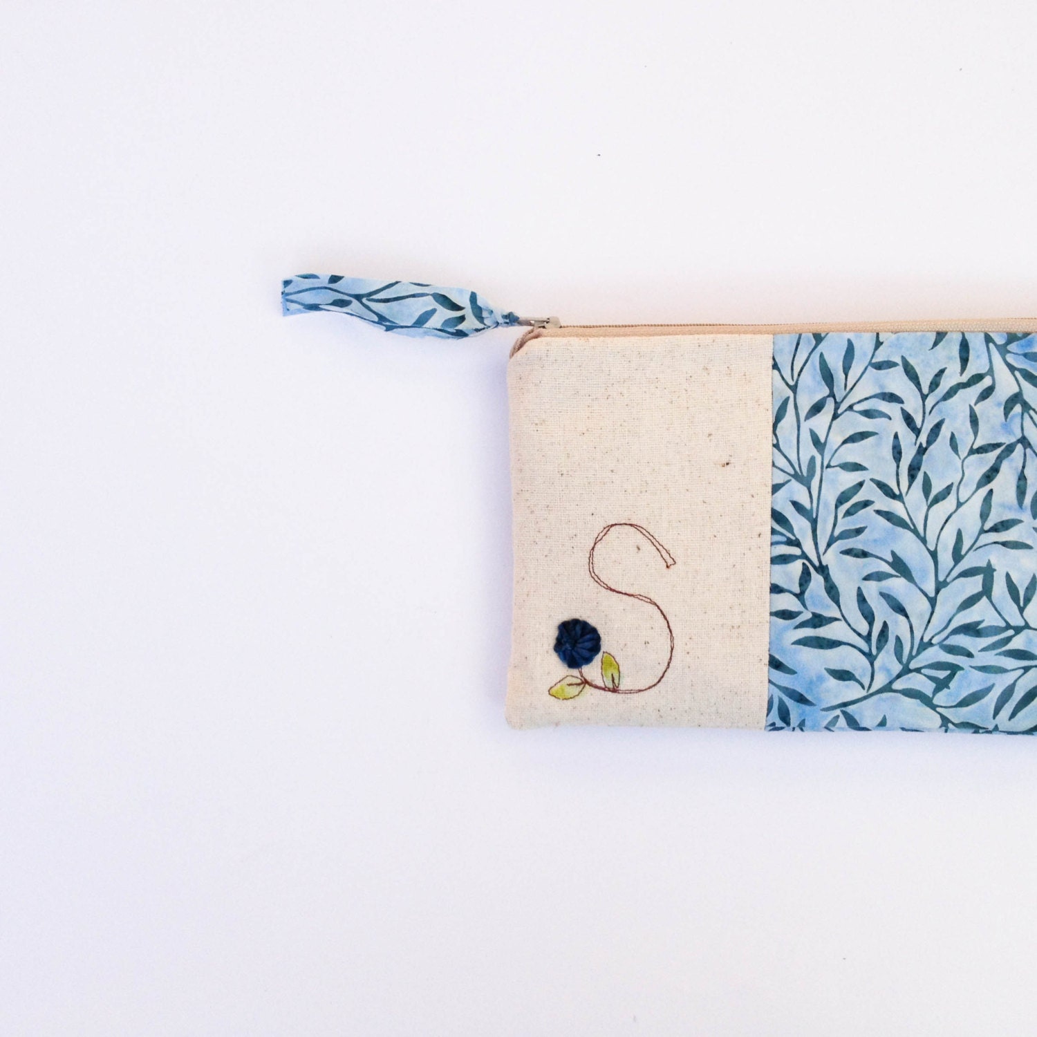 blue wedding purse, gift for mother of the bride, clutch with initial, blue and navy floral vine, letter S, MADE to ORDER