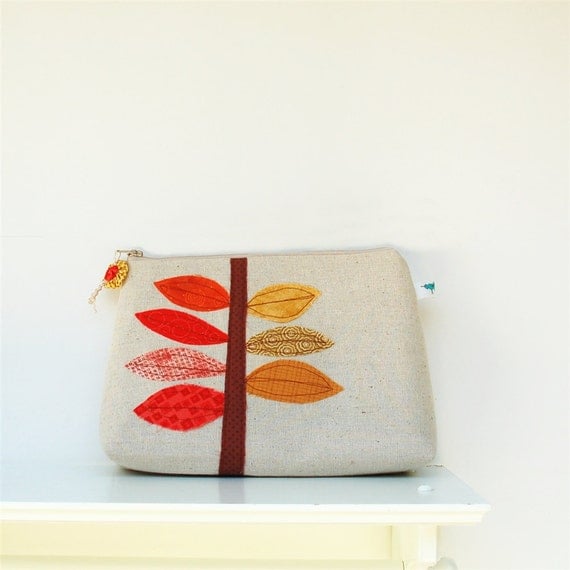 RESERVED for LINDSEY christmas in july 50% off, autumn clutch, modern orange yellow leaf design, burlap, fall fashion, one of a kind purse