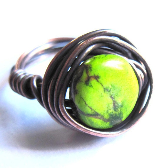 Copper Wire Wrap Ring Lime Green Jasper Fashion Jewelry