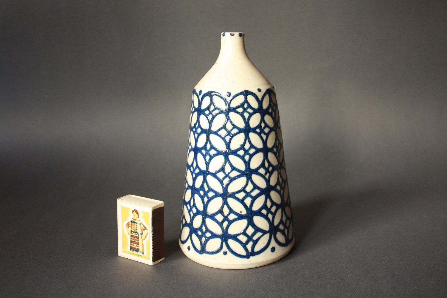 Vintage STUDIO Pottery Vase Patterned White and Blue