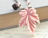 Pink Leaf Necklace, Vintage Lucite Pendant , Shabby Chic, Pastel Fashion, Nature Inspired, Jewellery, Unique Necklace