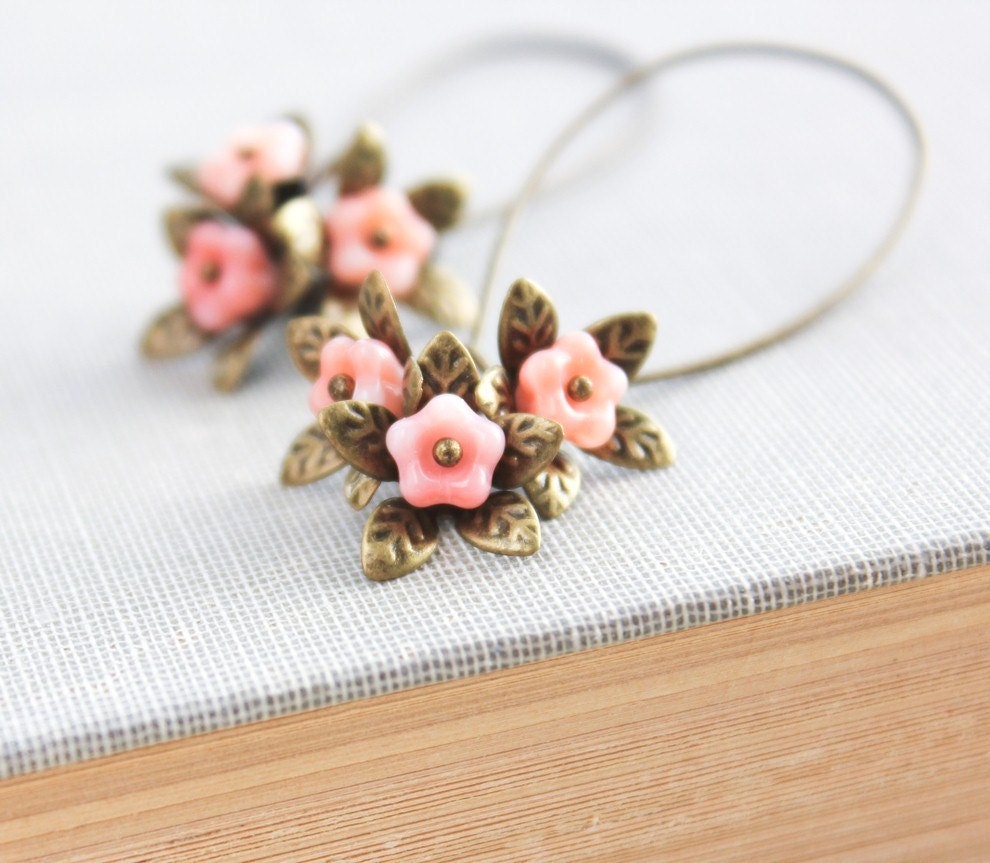 Long Earrings, Dangle Earrings, Pink Peach Flower, Brass Leaf, Glass Bead, Antique Brass Leaf, Nature Inspired Jewelry, Unique Earrings - apocketofposies