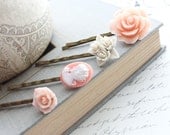 Pink Rose Bobby Pins, Hair Clips, Lady profile cameo, Cream, White, Shabby Chic, Peach Rose, Vintage Style Cabochon, set of four (4)