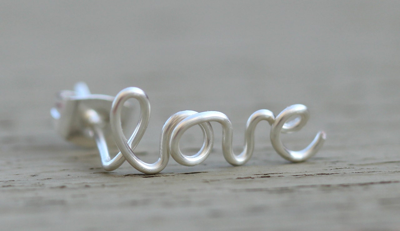 Love Earring, Sterling Silver Plated SINGLE Love Stud Earring, Cartilage, Word, Handwritten, Cursive, Affirmation, Ear Cuff, Artisan Tree