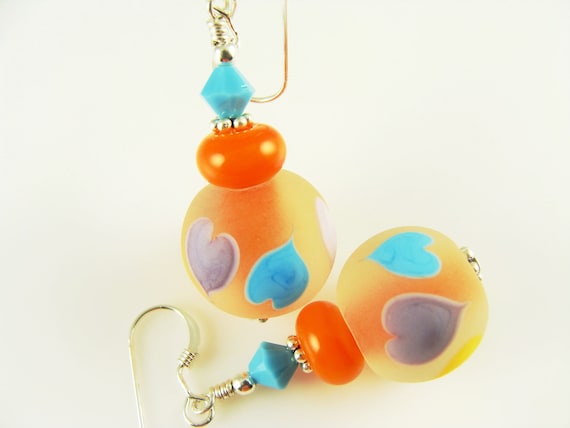 Heart Lampwork Earrings, Glass Bead Earrings, Orange Dangle Earrings, Colorful Lampwork Jewelry, Beaded Earrings