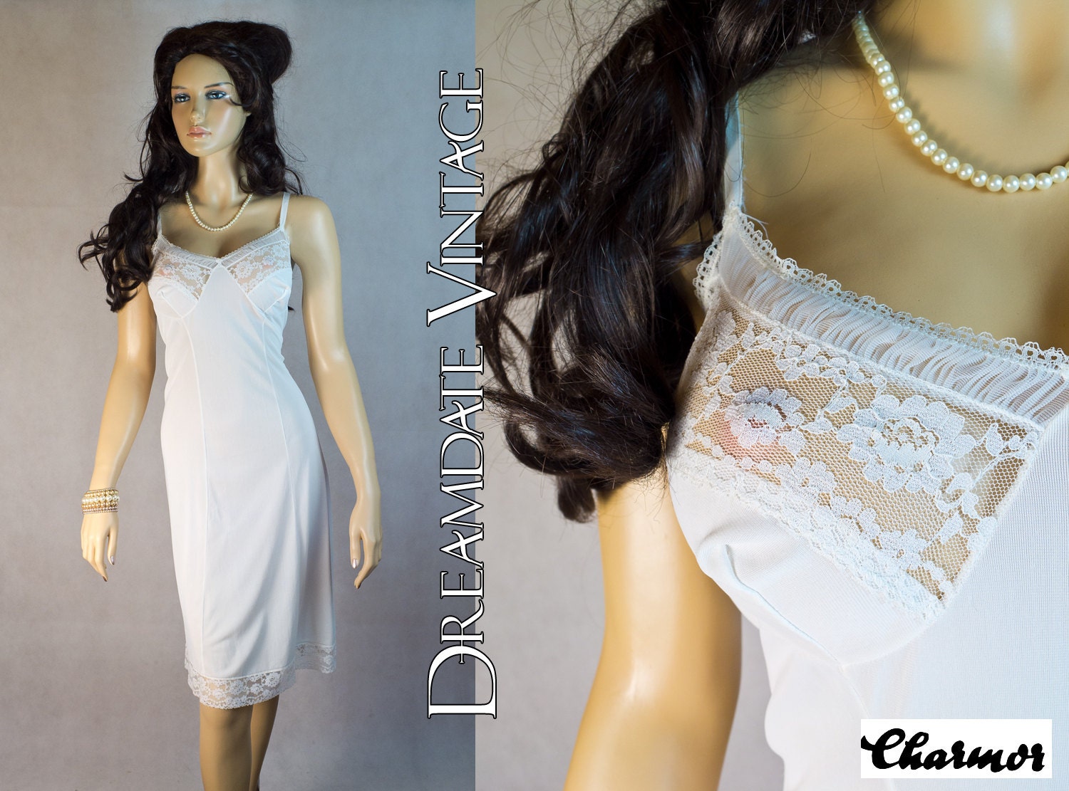 Pleated XL plus size ivory 1950s vintage slip 50s  (PL191)