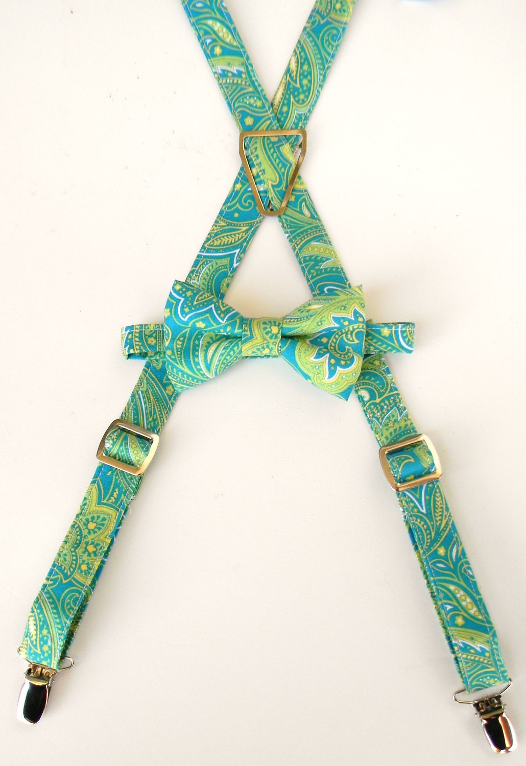 Blue and Green Paisley Suspender and Bow Tie Set