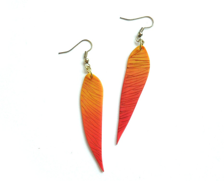 Orange yellow feather earrings color progression ombre long polymer clay dangle earrings one-of-a-kind