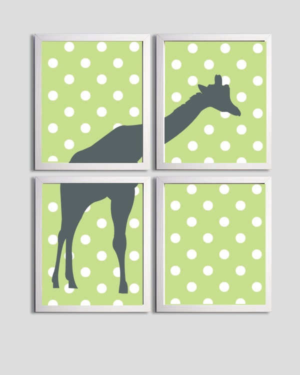 Nursery Boy Art Green Grey Polka Dots Giraffe set of 4 prints each 8x10