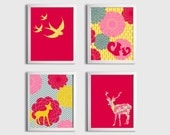 Nursery Girls Kids Wall Art Girl Woodland Forest Birds Deer Animals Flowers set of 4 each 11x14