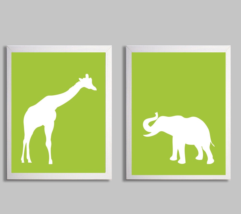 Nursery Art Safari Zoo LIme Green Giraffe Elephant Animals set of 2 each 8x10