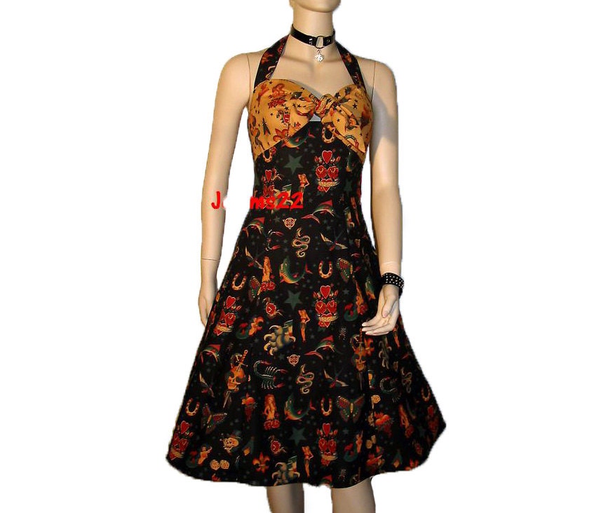 Tattoo Flash Black & Gold Rockabilly Punk Halter Dress