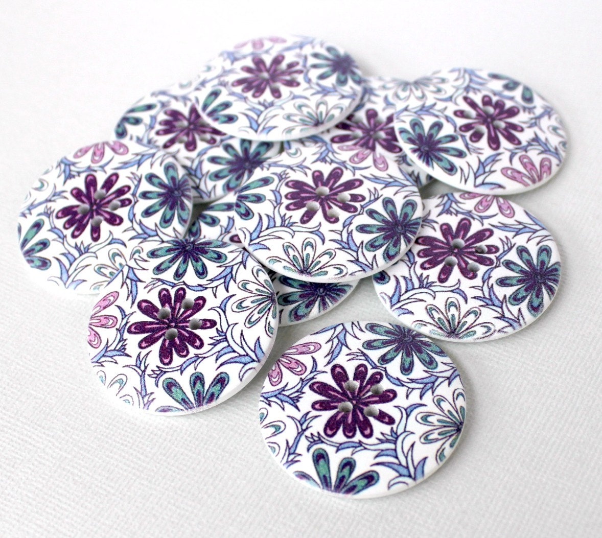8 Large Wooden Buttons. Purple Flower floral print. 40 mm 1 5/8 inch. Round Circle. 4 holes. Australian seller