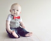 Short or Long Sleeve Pin Striped Gray Tuxedo Vest Onesie with Custom White Bow Tie