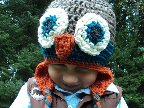 Owl Hat with earflaps- 2T and up- brown, teal and orange