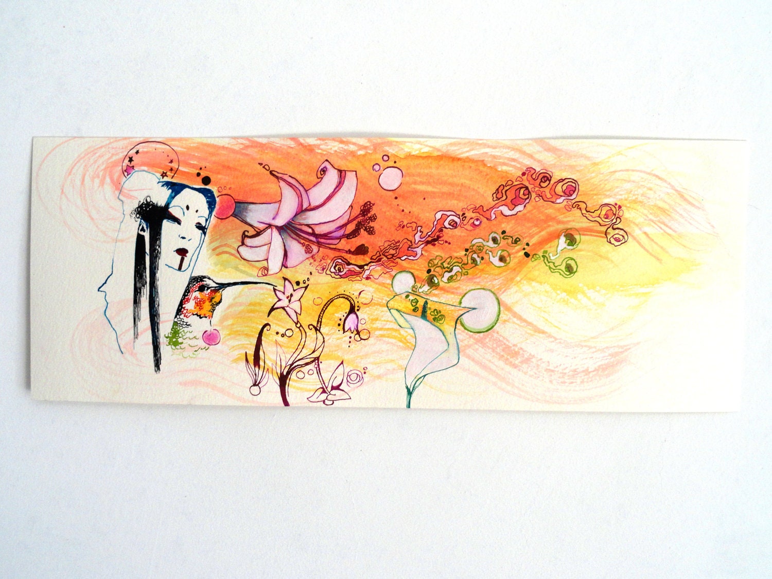 Original Geisha Hummingbird Orchid Yellow Pink Ink Illustration Drawing by juliacalimera