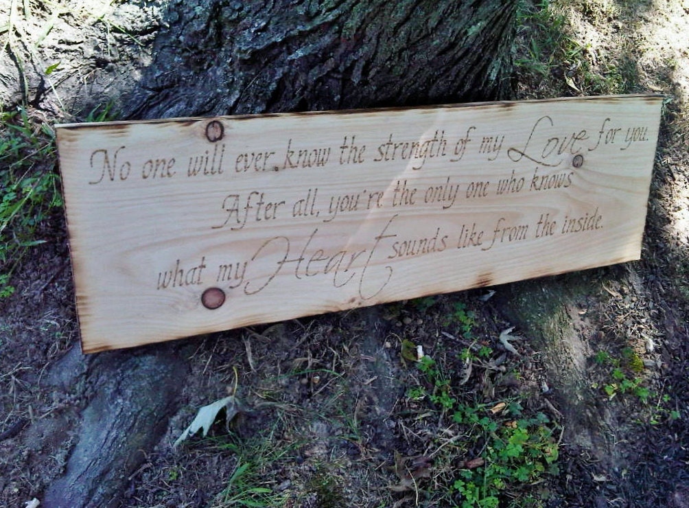 Rustic Nursery Art Sign WOOD BURNED "Strength of my Love" quote on large 12x36 boy girl