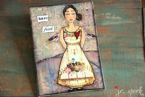 Original Art Painting: 5x7 Faithful Girl, Original Mixed Media Art, Whimsical Art, Folk art, have faith, pink, sage green, yellow