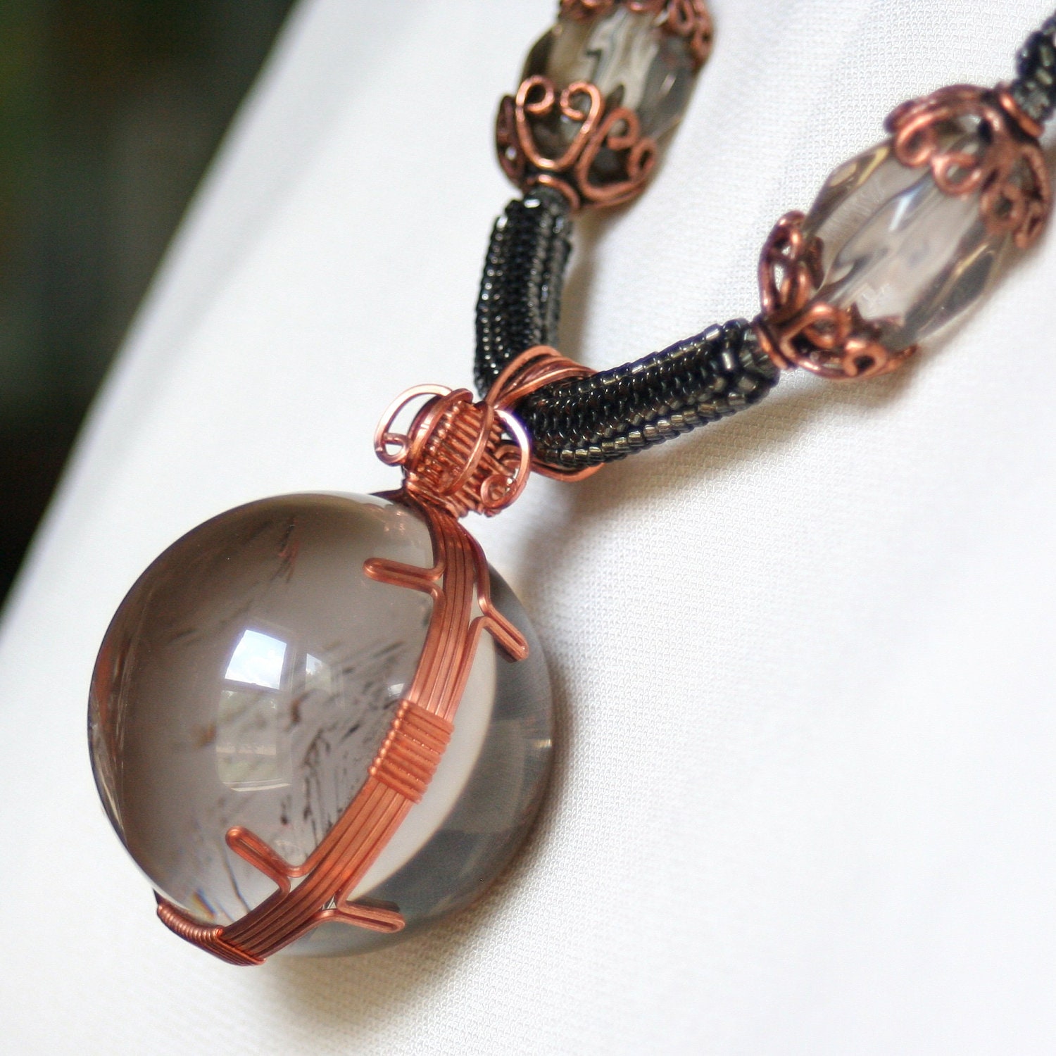 Smoky Quartz Sphere Statement Necklace with Smoke Delica seed beads, Swarovski Black Diamond crystals and Copper findings