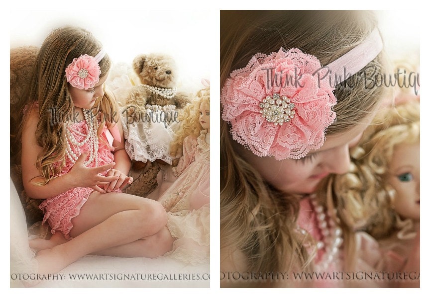 Coral PINK  petti lace romper and headband SET, petti romper,baby headband,vintage inspired headband and lace petti romper