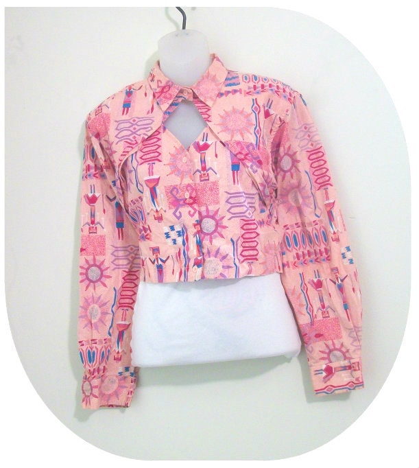 90s 80s pink Aztec Navajo ikat Cage Back Collar Long sleeved Crop Top Wrangler
