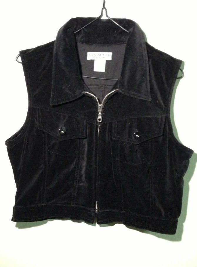90s Grunge goth black velvet zipper pocket jacket crop Vest