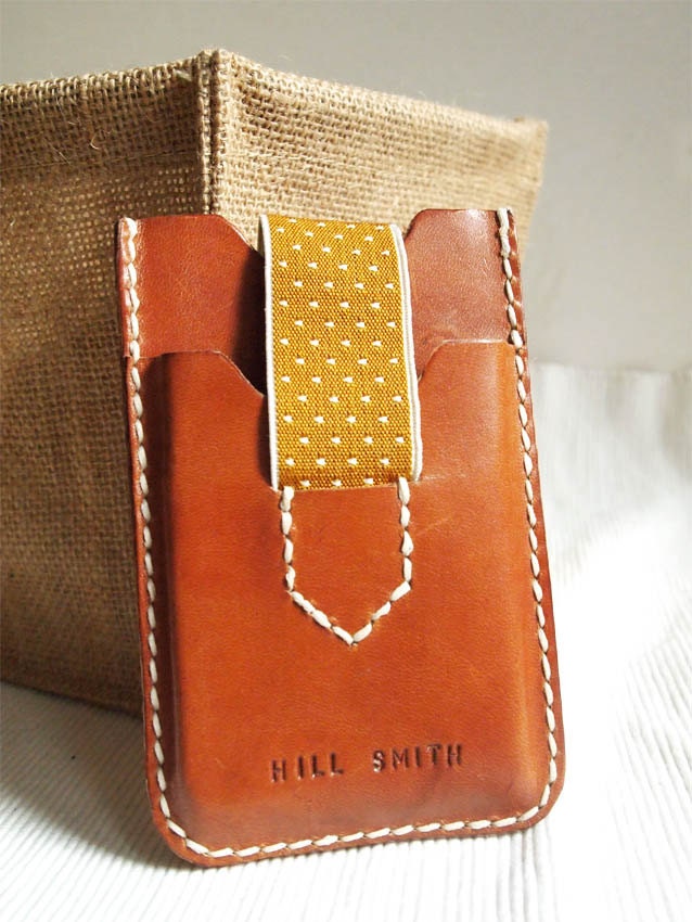 Personalized iPhone & Card Case with Elastic Band - Leather - Hand Stitched
