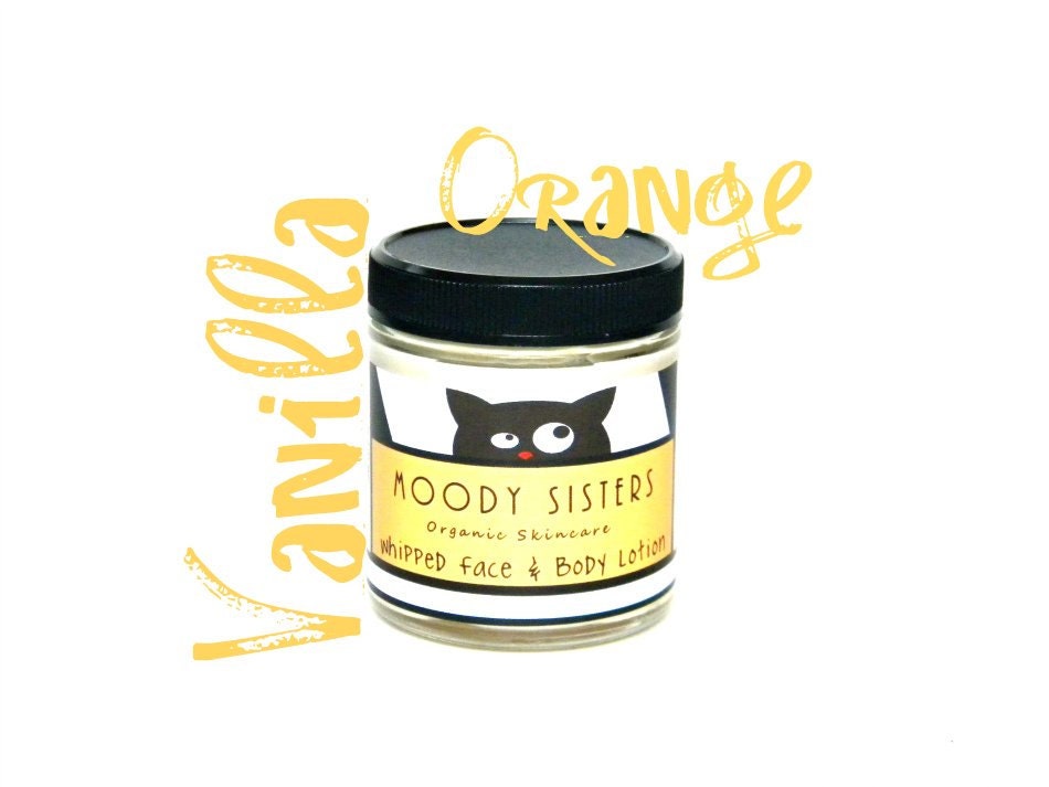 Organic Body Lotion--Natural Whipped Body and face cream for Normal to Dry Skin Large 4 oz. Orange, Vanilla Essential Oils